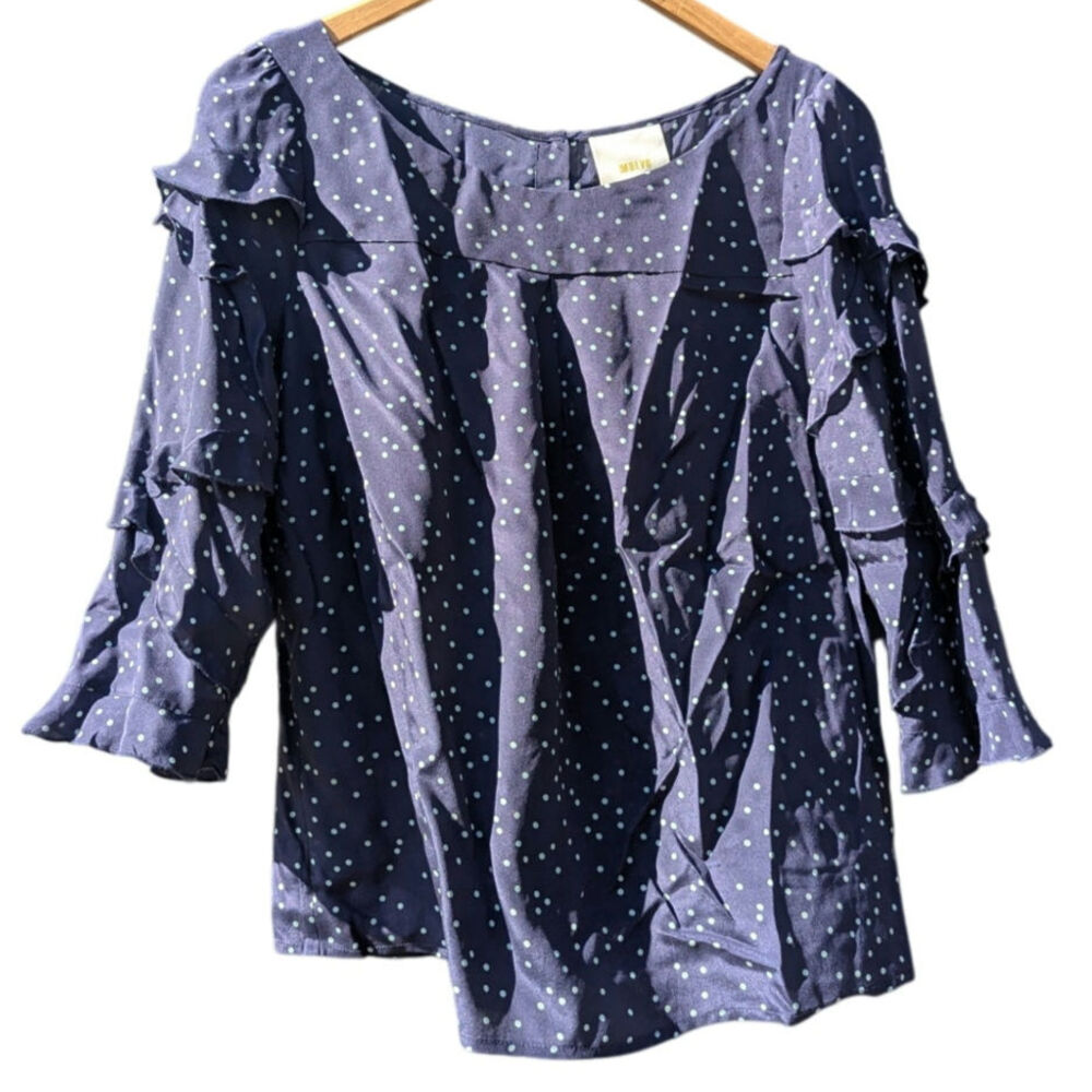 Pin Up Silk Anthropologie 2 Blouse Navy Blue White Polkadot Ruffle Rockabilly